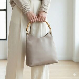 Vintage Gucci taupe grey leather bamboo handle tote bag with matching pouch